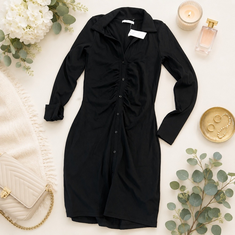 Abercrombie & Fitch Black Ribbed Ruched Long Sleeve Mini Shirt Dress Small Tall